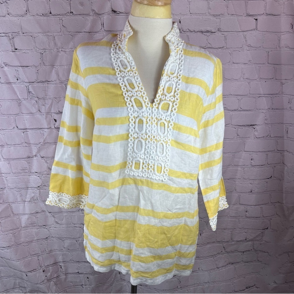 luxury linen charter club yellow stripe tunic sz small white crochet lace collar